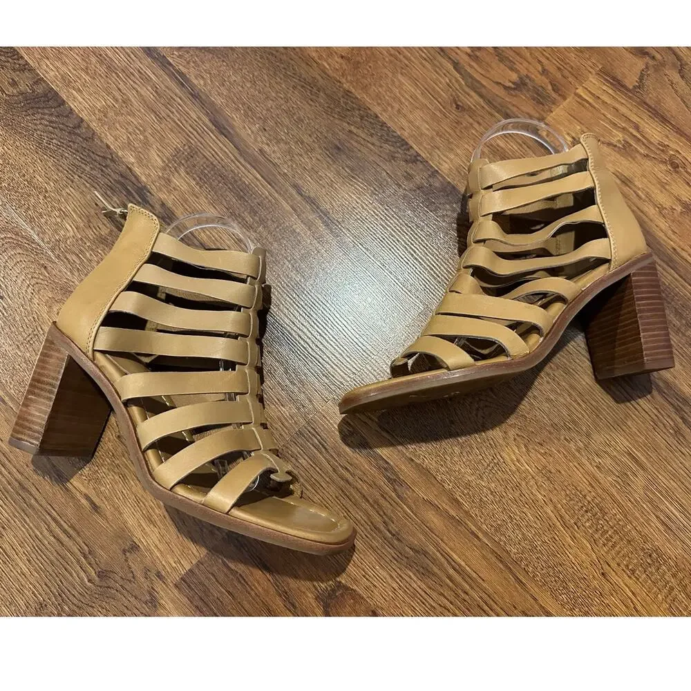 Sofft Women's Stratford Leather Cage Block Heel Sandals – Tan – Sz 9 – NWOB
